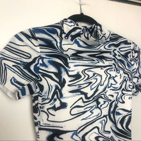 Zaful Twirled Printed Mock Neck Bodycon Dress NWT Blue Black - Picture 4 of 6